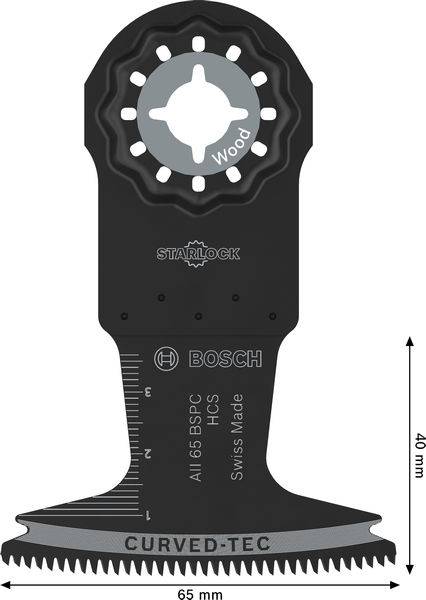 Ein Bosch Starlock Oszillationssägeblatt, 65 mm breit, 40 mm lang, mit der Bezeichnung „Holz