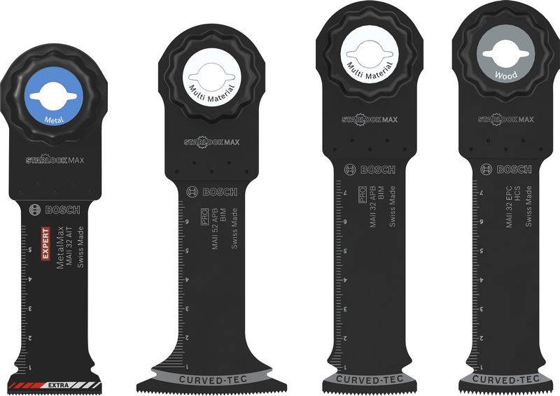 Vier oszillierende Multi-Tool-Klingen von Bosch mit Beschriftung für „Metall