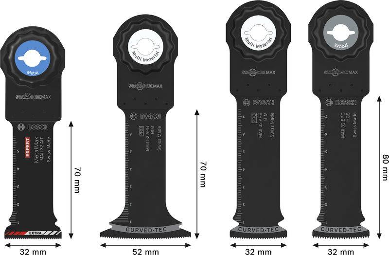 Vier schwarze Bosch-Oszillations-Multiwerkzeug-Blätter, gekennzeichnet für „Metall" und „Holz", mit unterschiedlichen Längen und Breiten: 70-80 mm lang, 32-52 mm breit.