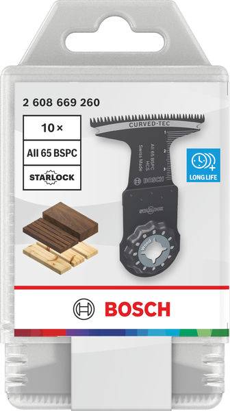 „Bosch Starlock-Sägeblatt-Verpackung, zeigt Sägeblatt für Holz und Metall. Enthält Produktcode und Symbol für lange Lebensdauer.