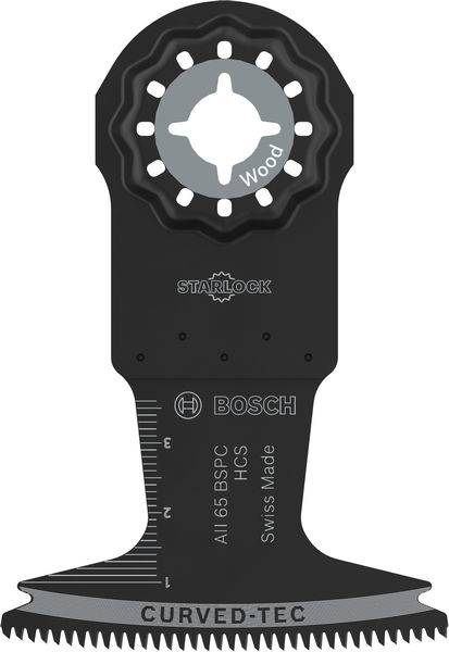 Bosch-Holzschneideklinge mit 'Starlock'-Verbindungssystem, gekennzeichnet mit Messskala, beschriftet mit 'Holz', 'Swiss Made'.