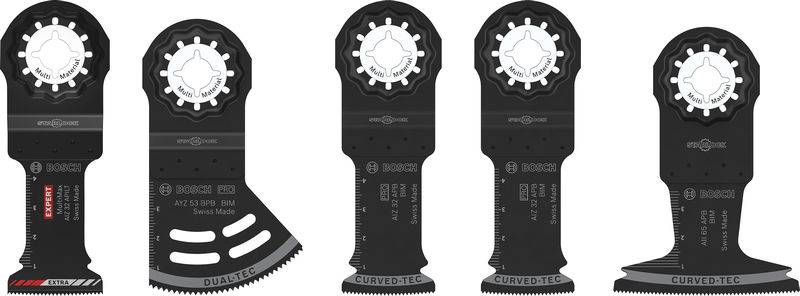 Fünf oszillierende Multifunction-Werkzeugklingen von Bosch werden gezeigt, jede mit einem anderen Design für spezifische Schneidaufgaben, wie Holz und Metall.