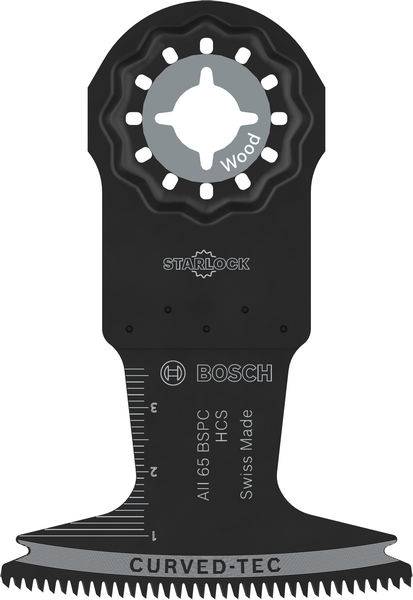 Bosch Starlock Holzschneidblatt mit Messskalen und Sägezahnkante, gekennzeichnet mit „HCS" und „Swiss Made".