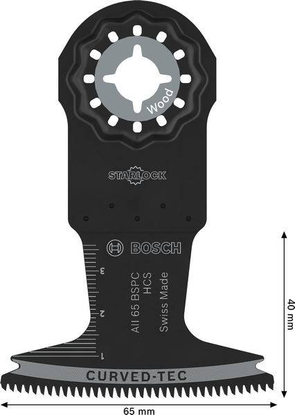 Multitool-Klinge mit Bosch-Branding für Holzarbeiten, mit gekrümmter Schneidkante, 65 mm Breite und 40 mm Höhe.