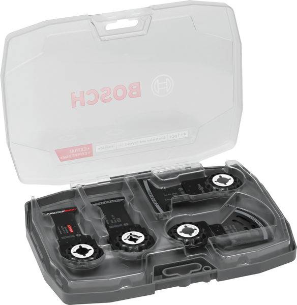 Ein Bosch-Werkzeugsatz mit verschiedenen Multitool-Blättern in einem durchsichtigen Kunststoffkoffer, einschließlich Holz- und Metallschneidezubehör.