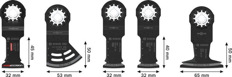 Fünf Arten von oszillierenden Sägeblättern mit jeweils folgenden Abmessungen: 32/45 mm, 53/50 mm, 32/50 mm, 32/40 mm, 65/50 mm. Designs und Messungen variieren.