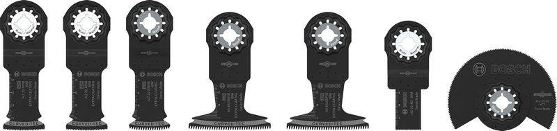 Sechs oszillierende Multifunktionswerkzeugklingen in verschiedenen Formen und Größen, hauptsächlich zum Schneiden, in einer Reihe angeordnet.