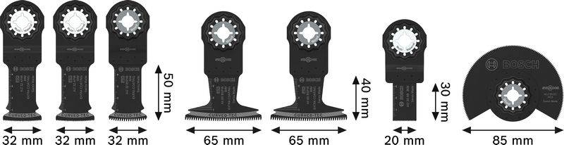 Verschiedene Arten von Multitool-Klingen zum Schneiden, jeweils mit einer sternförmigen Halterung, in unterschiedlichen Größen und Zwecken, beschriftet mit Abmessungen.