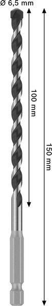 Ein langer Bohrer mit einem Durchmesser von 6,5 mm, mit einer 100 mm langen spiralförmigen Schneidkante und einer Gesamtlänge von 150 mm. Pfeile zeigen Messwerte an.