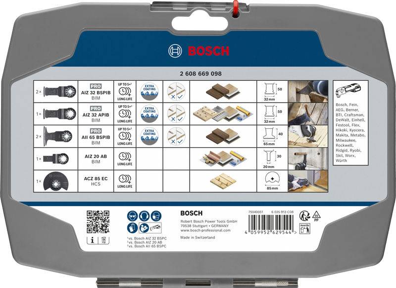 Ein Bosch-Werkzeugzubehörset mit Verpackung, das vier verschiedene Schneidwerkzeuge mit Abbildungen kompatibler Materialien wie Holz, Metall und Fliesen zeigt.