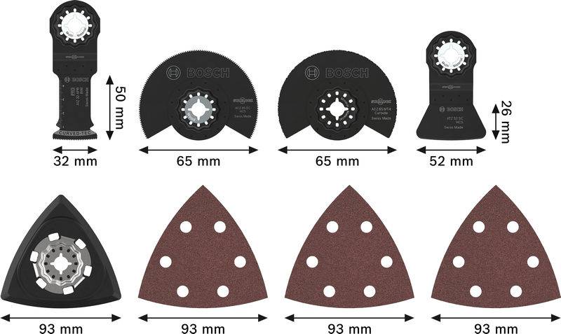 Verschiedenes Bosch-Multitool-Zubehör umfasst Sägeblätter, Schleifscheiben und Schleifblätter in Größen von 32 mm bis 93 mm.
