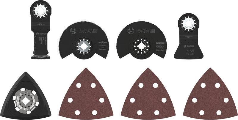 Oszillierwerkzeug-Zubehör mit verschiedenen Klingen und Schleifpads für Schneid- und Schleifarbeiten.