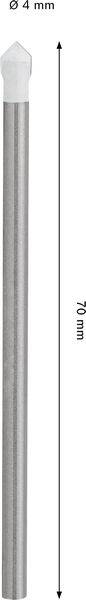 Keramik-Bohrer, 75 mm lang, 4 mm Durchmesser, mit spitzer Spitze.