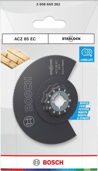 Bosch ACZ 85 EC Kreissägeblatt für Holz, in Verpackung gezeigt. Kompatibel mit Bosch, Fein, Festool, Makita und anderen.