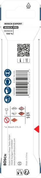 Eine Bosch Expert Bohrerspitze in Verpackung zeigt Kompatibilitätssymbole, Barcode und Produktdetails zum Bohren durch zähe Materialien.