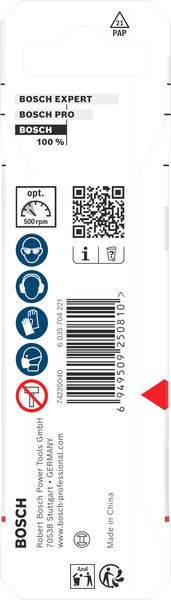 „Verpackung für ein Bosch Expert Werkzeug mit QR-Code, Recycling-Symbol und Produktdetails, einschließlich Scan-Symbol und Herstellungsinformationen.