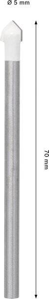 Ein 70 mm langes Werkzeug mit 5 mm Durchmesser, weißer abgerundeter Spitze und metallischem Schaft.