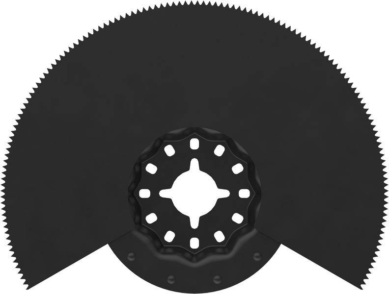 Ein halbmondförmiges Sägeblatt mit gezahnten Kanten und einem zentralen Loch zur Befestigung, das zum Schneiden von Materialien im Bauwesen verwendet wird.