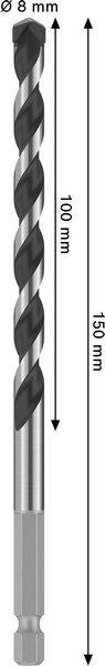 Ein Metallbohraufsatz mit Spiraldesign, gekennzeichnet mit 160mm Länge, 100mm Spiralbereich und 6mm Durchmesser, mit sechseckiger Basis.