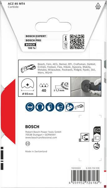 Verpackung für Bosch Expert Hartmetall-Sägeblatt. Hauptmerkmale: 85mm Durchmesser, 40 Zähne, 1,7mm Dicke. Enthält Verwendungssymbole und QR-Code.