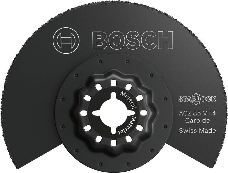 Oszillierende Sägeblatt 'Bosch Starlock ACZ 85 MT4 Carbide', Schweizer Herstellung, mit dem Etikett 'Mineral Material', entwickelt zum Schneiden von Mineralmaterialien.