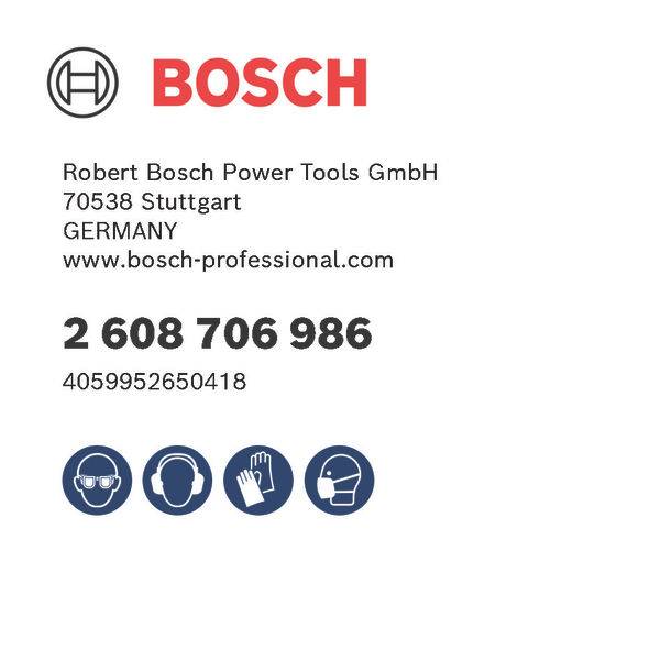 Bosch-Logo und Kontaktdaten: Robert Bosch Power Tools GmbH, Stuttgart, Deutschland. Telefon: 2 608 706 986. www.bosch-professional.com.