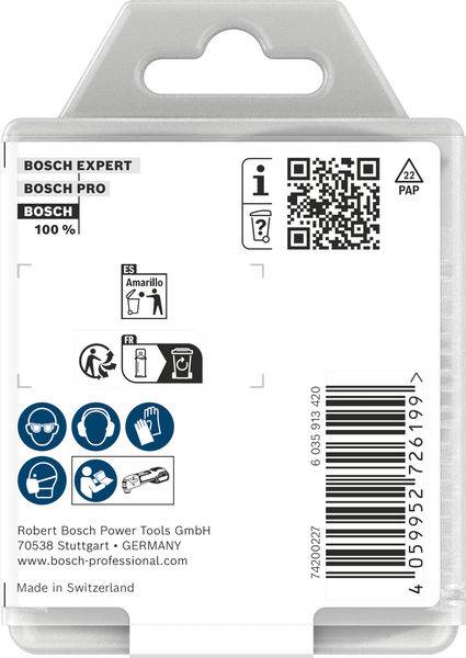 Verpackung mit Bosch-Marke und Recyclinginformationen. Sicherheitssymbole: Schutzausrüstung tragen, kein Regen. Kontaktinformationen: Bosch, Stuttgart, Deutschland. Hergestellt in der Schweiz.