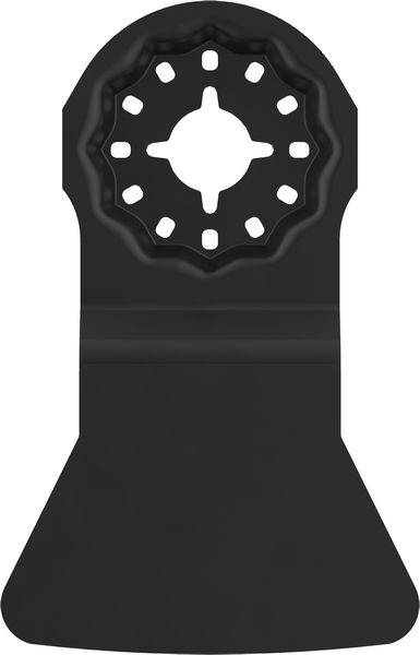 Eine schwarze oszillierende Werkzeugklinge mit einer kreisförmigen, zahnradähnlichen Befestigungsfläche und einer breiten flachen Schneidkante, die für präzise Schnittaufgaben verwendet wird.