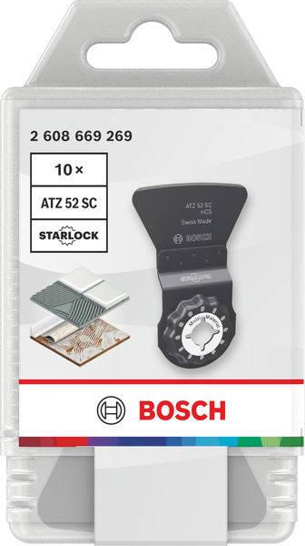 Bosch-Verpackung für Starlock ATZ 52 SC, zeigt ein oszillierendes Werkzeugblatt, geeignet für Fugenenfernung, mit der Mengenangabe „10x