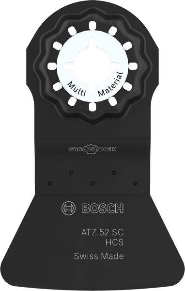 Multi-Tool-Klinge mit der Bezeichnung 'ATZ 52 SC HCS Swiss Made', mit 'Multi Material' und 'Starlock' für Bosch, konzipiert für vielseitiges Schneiden.