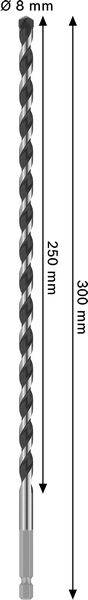 250 mm x 8 mm Spiralbohrer mit Gesamtlänge 300 mm, dargestellt mit vertikalen Pfeilen zur Anzeige von Messungen.