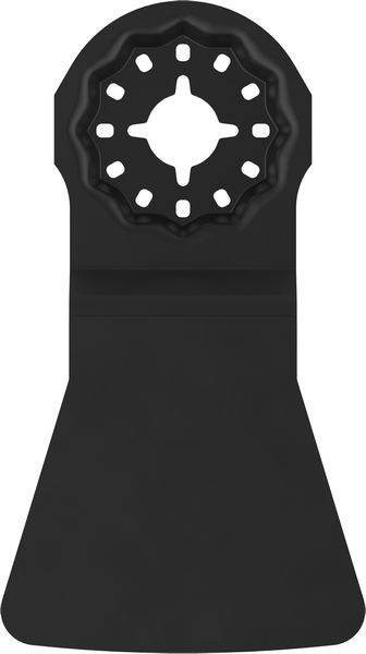 Ein schwarzes oszillierendes Werkzeugblatt mit dreieckiger Schneidkante und einem Multifunktions-Befestigungssystem, das für präzise Schneidaufgaben entwickelt wurde.