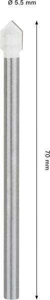 Ein zylindrisches Metallbohrwerkzeug mit spitzer Spitze, 70 mm lang und 5,5 mm im Durchmesser, wahrscheinlich zum Präzisionsbohren verwendet.
