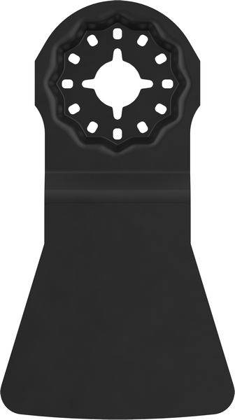 Ein Multitool-Blatt mit einer sternenförmigen Mittelbefestigung und einer breiten, flachen Schneidkante, das zum Schneiden verschiedener Materialien verwendet wird.