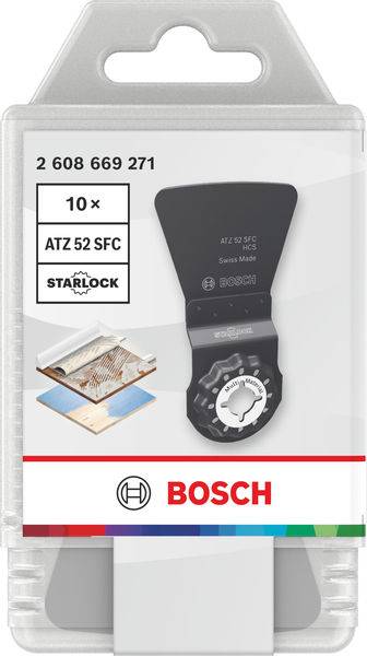 Verpackung eines Bosch Starlock ATZ 52 SFC Multi-Tool-Blattes, das ein einzelnes Blatt zum Entfernen von Fugenmasse mit Beispielbildern und Spezifikationen zeigt.
