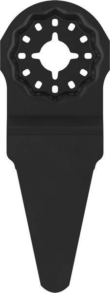 Schwarzes oszillierendes Multifunktionswerkzeugblatt mit zahnförmiger kreisförmiger Befestigung oben zum Schneiden, vor weißem Hintergrund dargestellt.