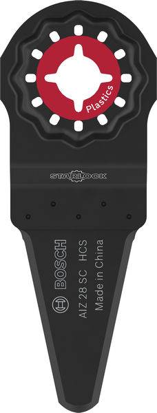 Bosch Starlock Oszillationswerkzeug-Klinge, Modell ALZ 28 SC HCS, für das Schneiden von Kunststoffen ausgelegt. Schwarz mit rotem Rundetikett. Hergestellt in China.