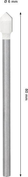 Ein vertikal gezeigter Bohrer aus Silbermetall mit weißer Spitze ist mit beschrifteten Maßen dargestellt: 68 mm Länge, 6 mm Durchmesser.