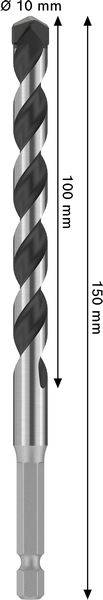 Abbildung eines 150 mm Bohrers mit 10 mm Durchmesser. Der Bohrer verfügt über einen 100 mm spiralförmigen Schneideteil.