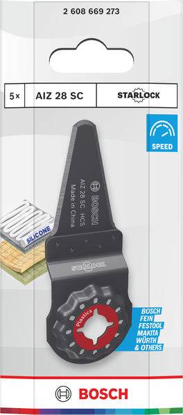„Bosch Starlock AIZ 28 SC Sägeblatt-Verpackung mit Kompatibilität für Bosch-, Fein- und Festool-Werkzeuge, Silikon-Dichtmasse-Schnitt, Geschwindigkeitsmerkmale.