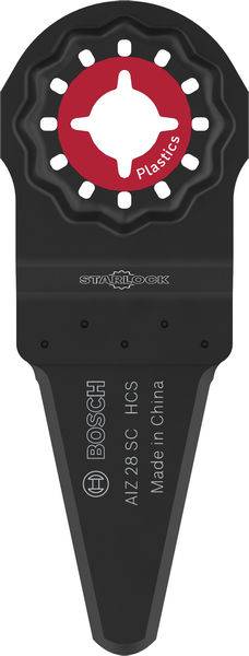 Bosch Starlock AIZ 28 SC HCS Sägeblatt, speziell zum Schneiden von Kunststoffen ausgelegt, mit roter kreisförmiger Mitte. Hergestellt in China.