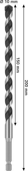 Bohrer mit einem Durchmesser von 10 mm, einer Schnittlänge von 150 mm und einer Gesamtlänge von 200 mm.