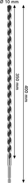 Ein langer, verdrehter Bohrer mit Kennzeichnung der Abmessungen: 460 mm Gesamtlänge und 350 mm Spirallänge, 10 mm Durchmesser.
