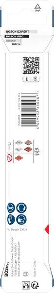 Verpackung für ein Bosch Expert-Produkt mit einem QR-Code, Barcode und Warnhinweisen zu vier Materialtypen, die nicht zum Gebrauch geeignet sind.