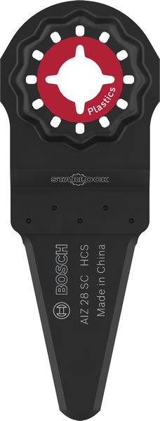Ein Bosch Starlock-Werkzeugblatt, das zum Schneiden von Kunststoffen entwickelt wurde und ein rotes kreisförmiges Etikett mit der Aufschrift „Kunststoffe