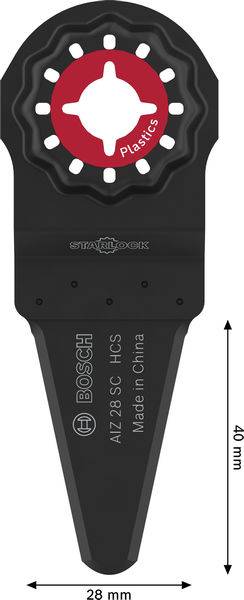 Bosch Kunststoffschneidklinge, 40mm Länge, 28mm Breite, schwarz mit weißen und roten Markierungen.