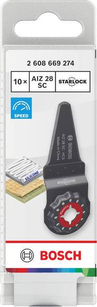 Bosch AIZ 28 SC Sägeblattepaket mit '10x' Menge zum Schneiden, mit Kompatibilität zum 'Starlock'-System; enthält Holz- und Silikon-Symbole.