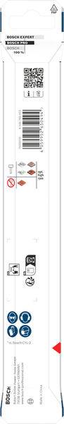 Verpackung des Bosch Expert Stichsägeblatts, einschließlich Barcode, Sicherheitssymbole, Symbole für die empfohlene Verwendung und Firmenlogo am unteren Ende.