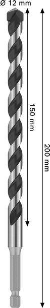 Eine Abbildung eines Bohrers mit Maßangaben: Durchmesser 12 mm, Gesamtlänge 200 mm, Spirallänge 150 mm.