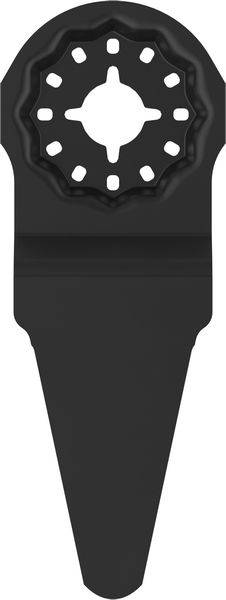 Ein schwarzes oszillierendes Multifunktionswerkzeug-Blatt mit rundem Anschluss, konzipiert für Schneidaufgaben.